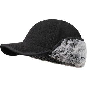 Winter Baseball Hat with Short Earflap Wool Blend Outer Lined with Faux Fur